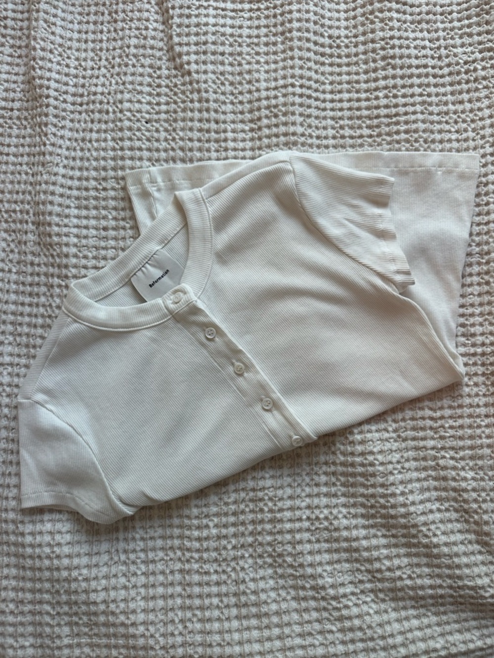 Reformation Raelynn Knit Top
 Cream Ribbed Button-Up Henley - Picture 4 of 6